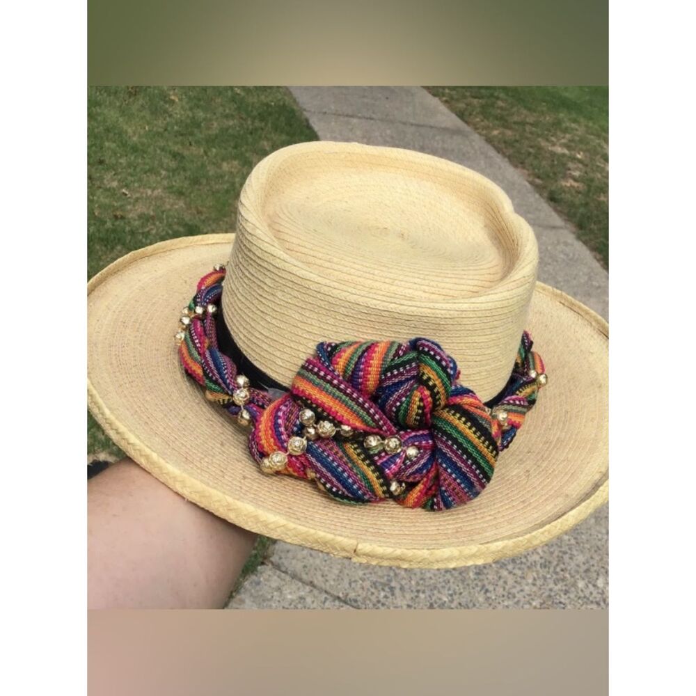 Gumarcaah Guatamala Handwoven Palm Beaded Bow Vintage Hat 55cm - Picture 2 of 6